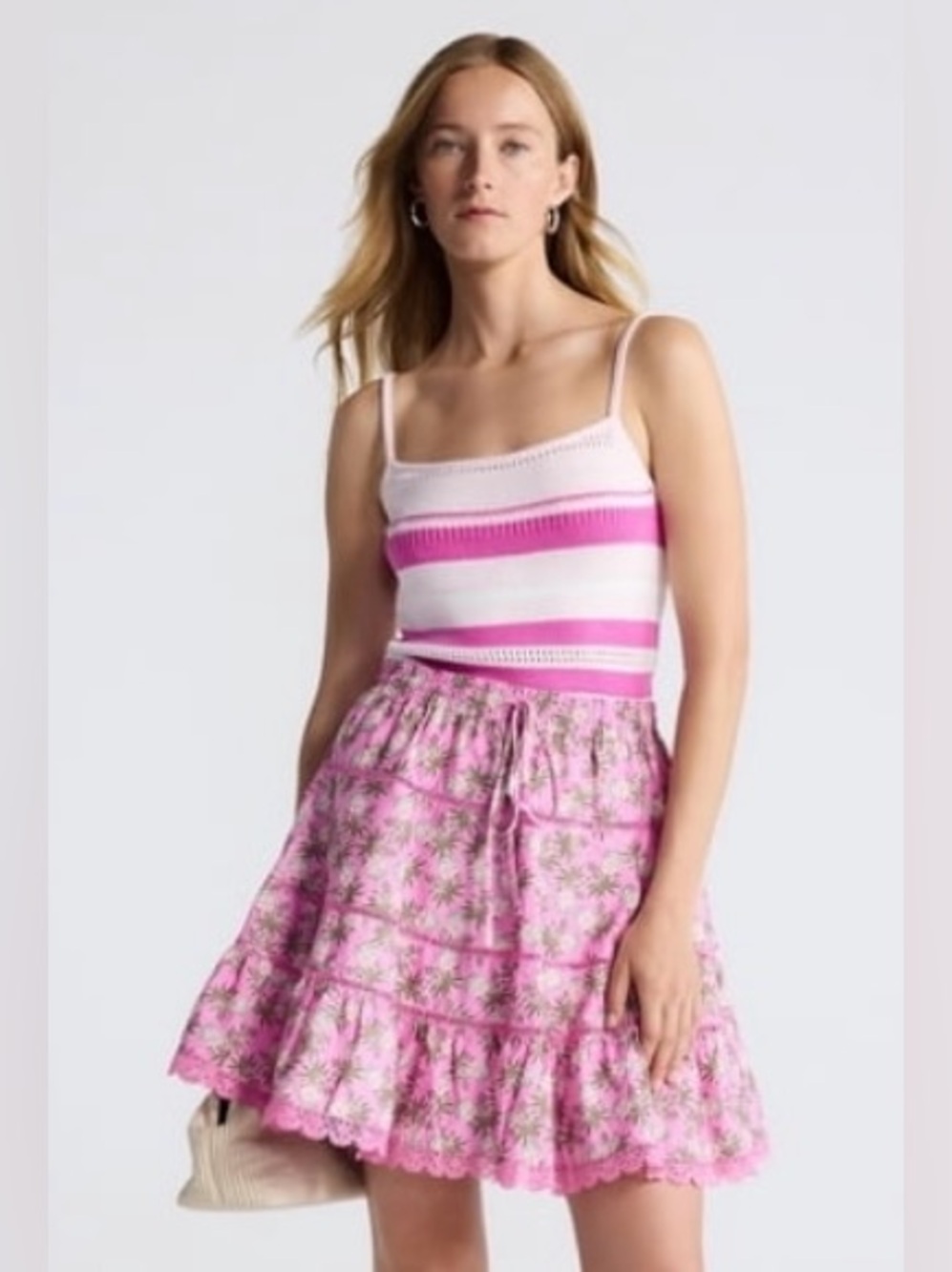 Free Assembly Pink Floral Tiered Mini Skirt with Drawstring Waist